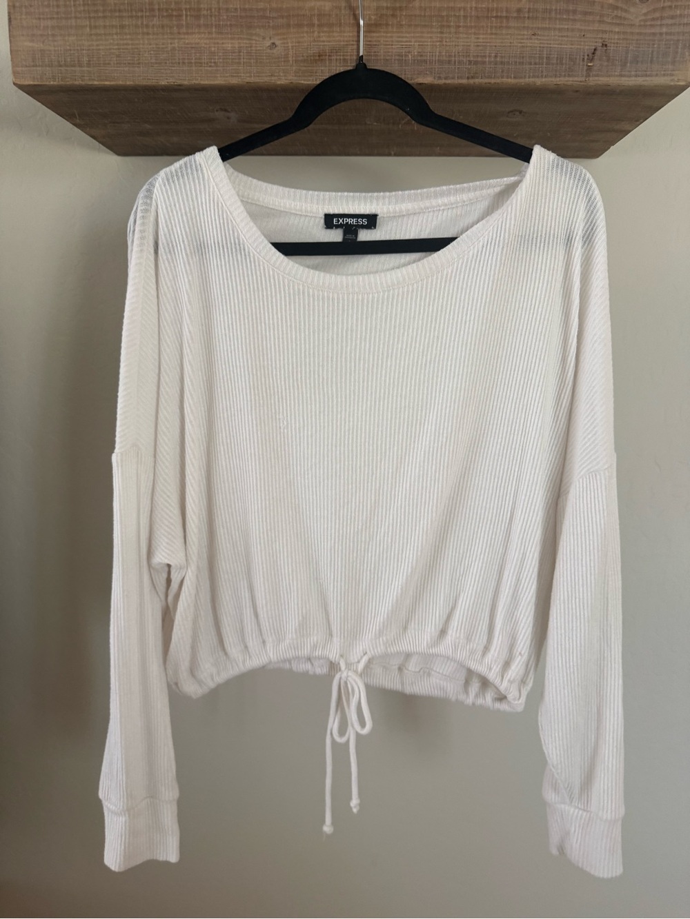Express Cream Ribbed Long-Sleeve Drawstring Top